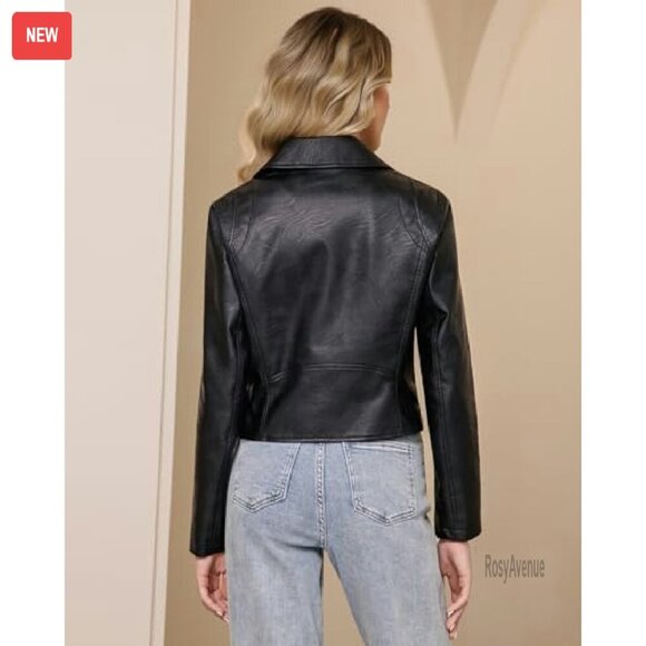 Faux Leather Cropped Moto Jacket Slim Fit Zip Up Biker Coat - Picture 5 of 8